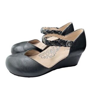 Aetrex Mia Adjustable Ankle Strap Wedge Heel Black Leather Womens 40 US 9 /  9.5